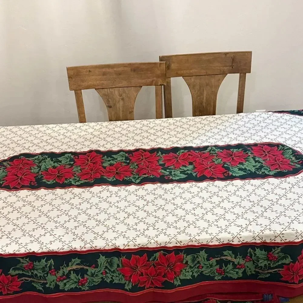Elegant vintage Holiday Tablecloth with Poinsettia Design